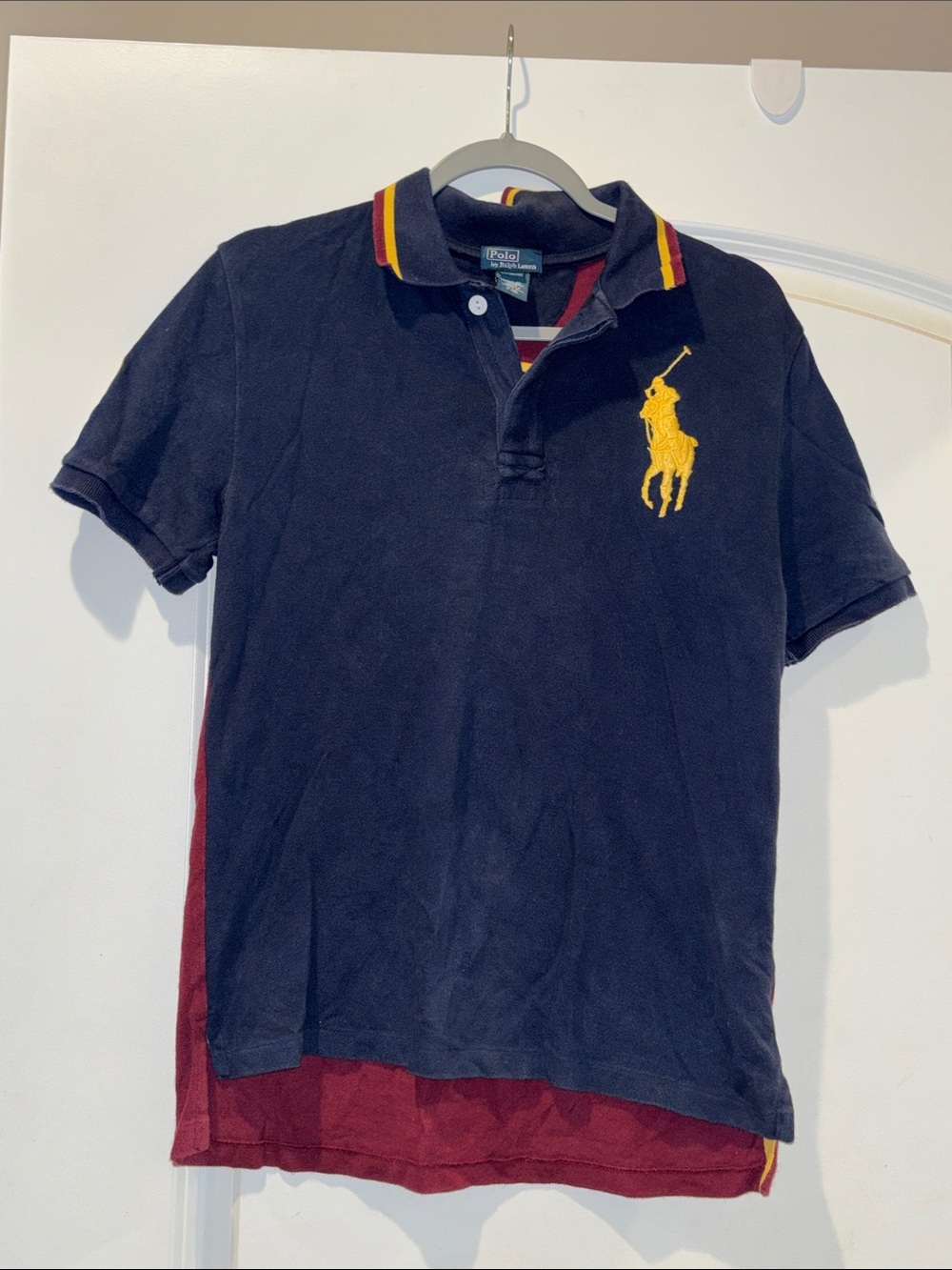 Polo by Ralph Lauren Navy Polo with Yellow Logo and Burgundy Trim